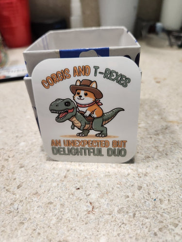 Corgi Riding T - Rex Sticker – Delightful Duo Decal - Sticker - Charm and Char